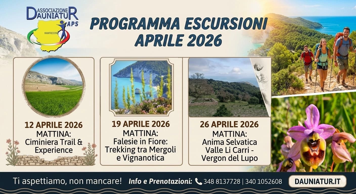 Escursioni di aprile 2026: DauniaTur presenta tre trekking nel Gargano